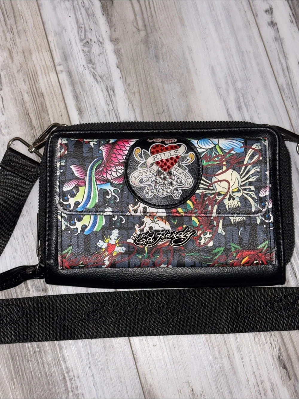 Ed Hardy Black Multicolor Tattoo-Print Crossbody Bag